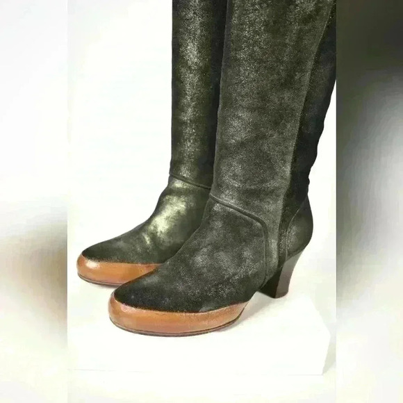 DRIES VAN NOTEN Emerald Green Distressed Metallic Leather Mid Calf Boots 9US - Picture 6 of 9